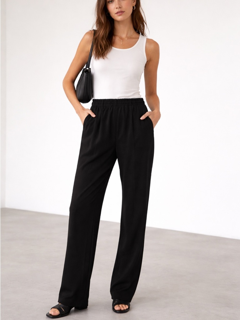 AYA MUSE Black Elastic Waist Trousers Sz S Straight Leg Minimalist Pull-On Pants